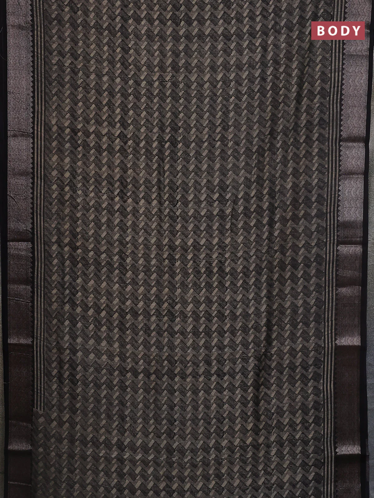 Chanderi silk cotton saree black with allover zig zag prints and banarasi style border - Image 2