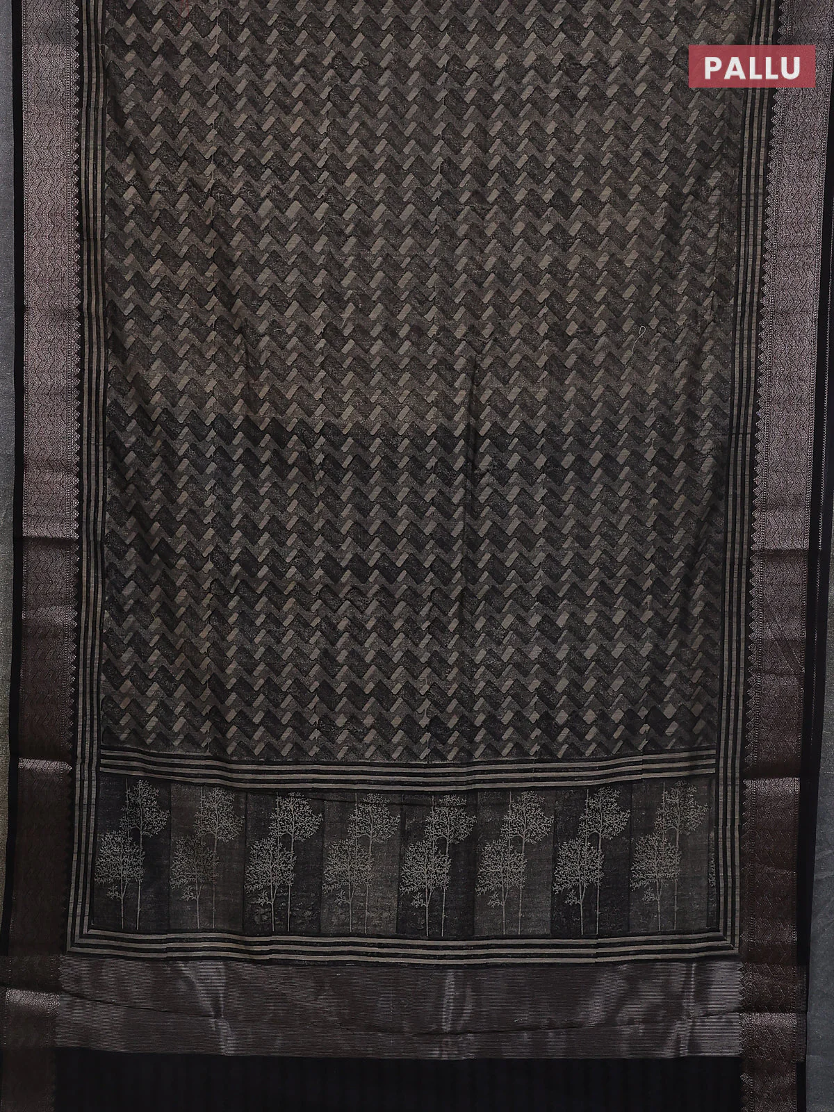 Chanderi silk cotton saree black with allover zig zag prints and banarasi style border - Image 3