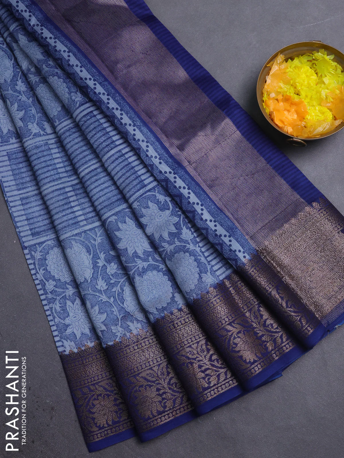 Chanderi silk cotton saree blue with allover floral prints and banarasi border