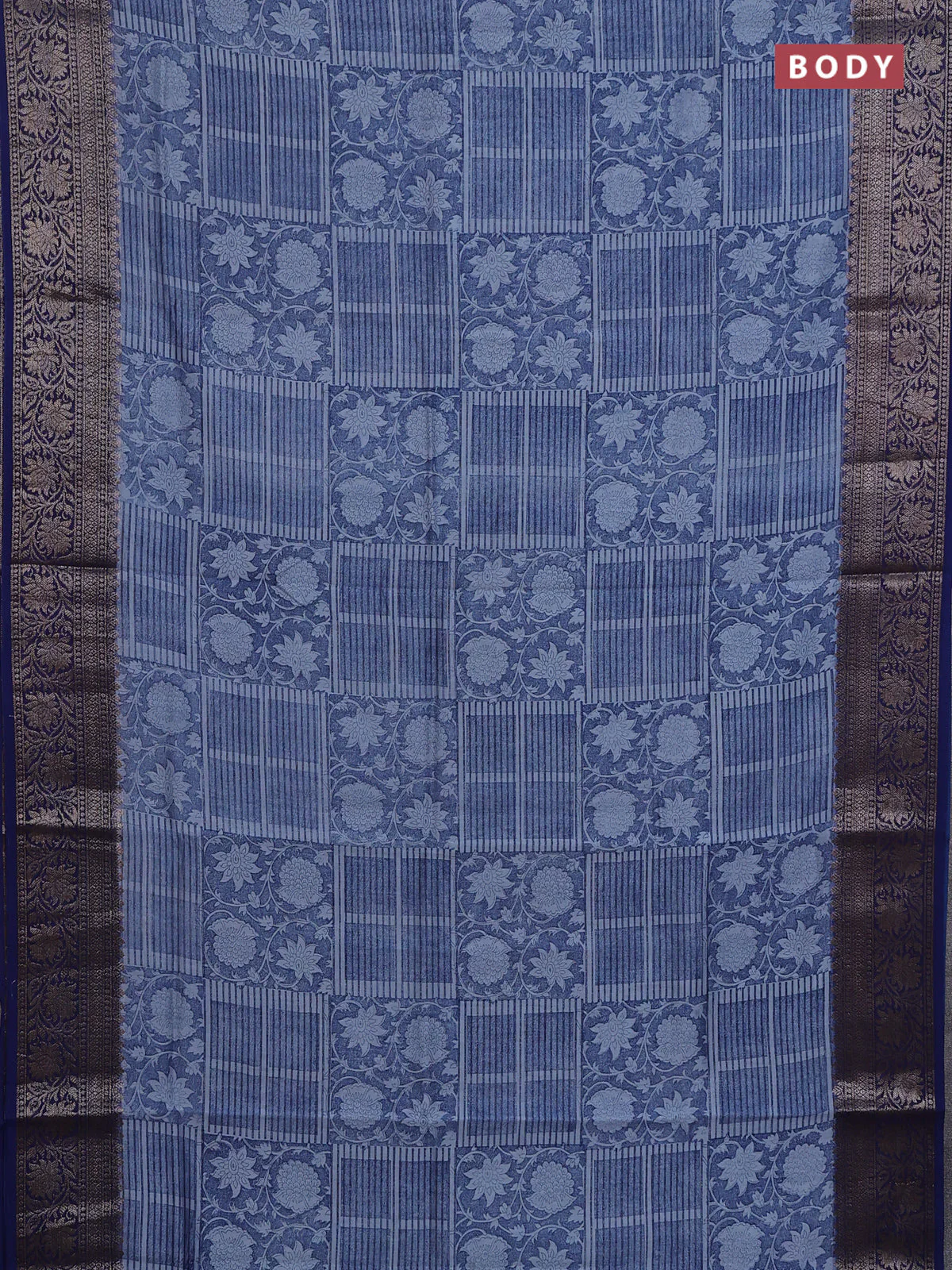 Chanderi silk cotton saree blue with allover floral prints and banarasi border - Image 2