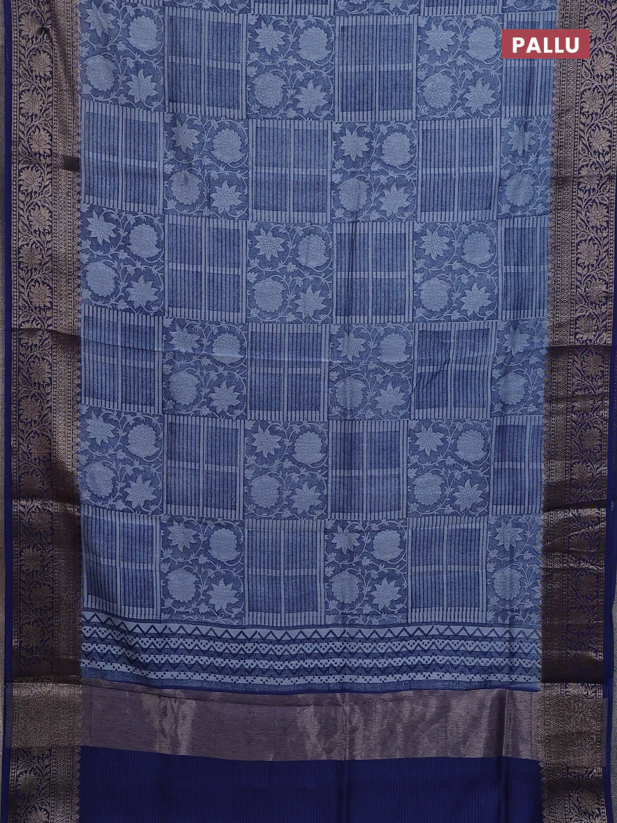 Chanderi silk cotton saree blue with allover floral prints and banarasi border - Image 3