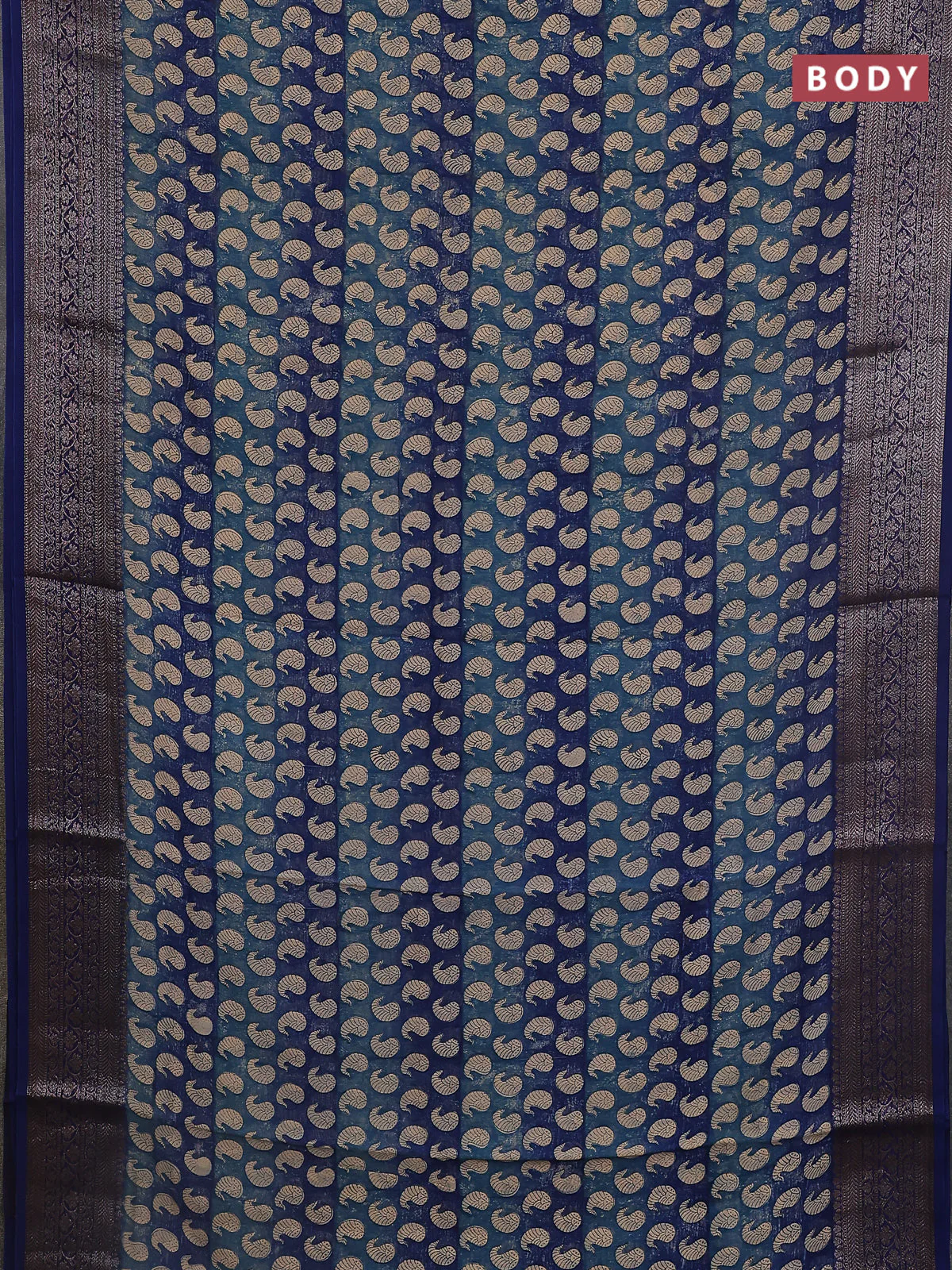 Chanderi silk cotton saree blue with allover paisley prints and banarasi style border - Image 2
