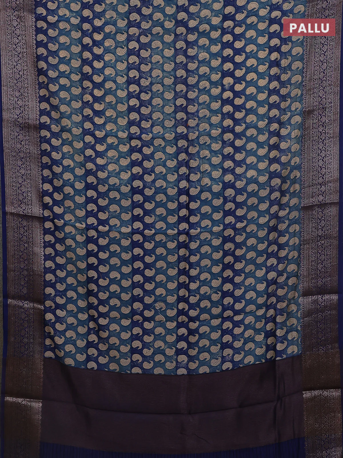 Chanderi silk cotton saree blue with allover paisley prints and banarasi style border - Image 3