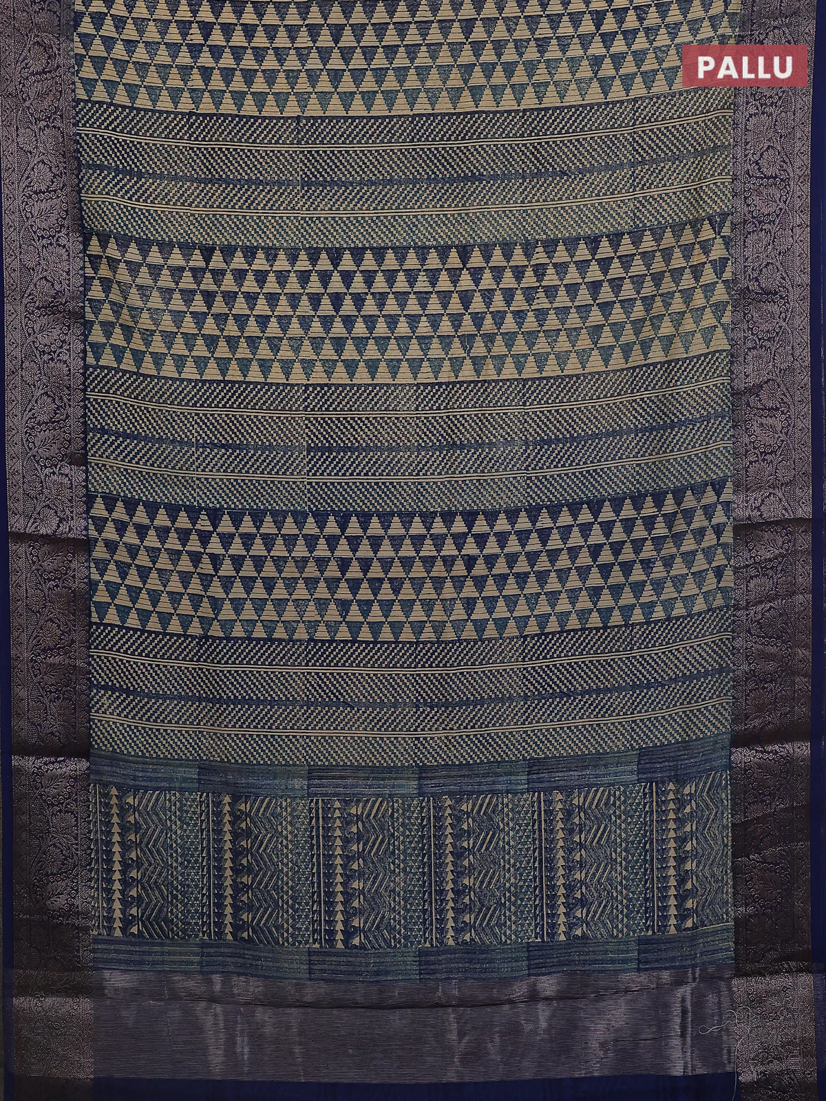 Chanderi silk cotton saree blue with allover prints and banarasi style border - Image 3
