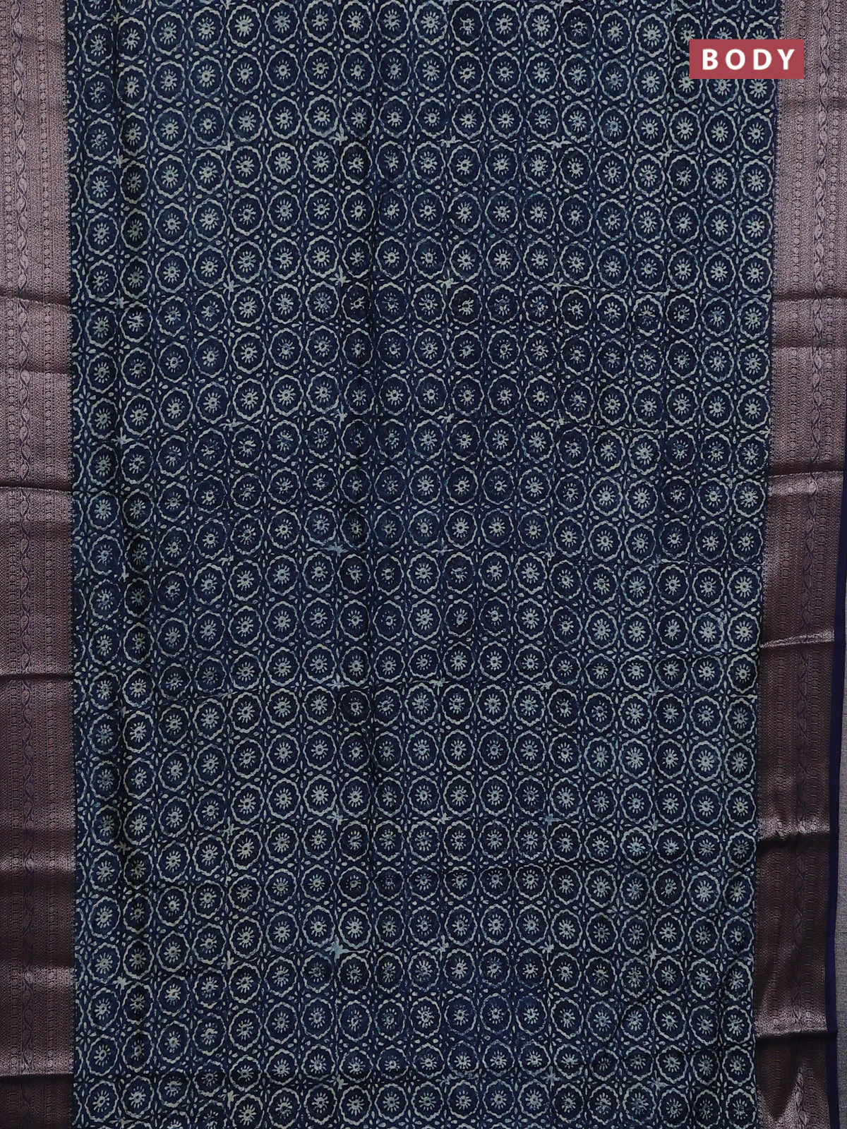 Chanderi silk cotton saree blue with allover prints and banarasi style border - Image 2