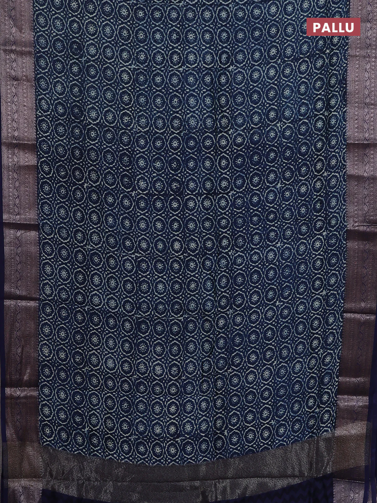 Chanderi silk cotton saree blue with allover prints and banarasi style border - Image 3