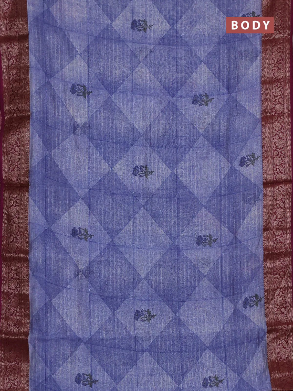 Chanderi silk cotton saree bluish grey and wine shade with allover geometric prints and banarasi style border - Image 2