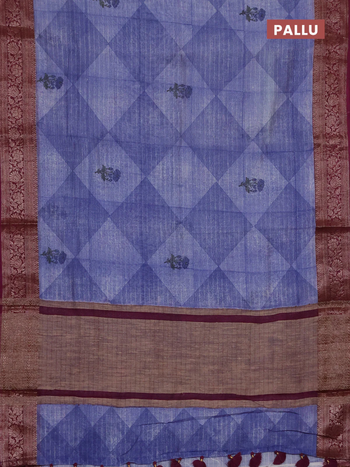 Chanderi silk cotton saree bluish grey and wine shade with allover geometric prints and banarasi style border - Image 3