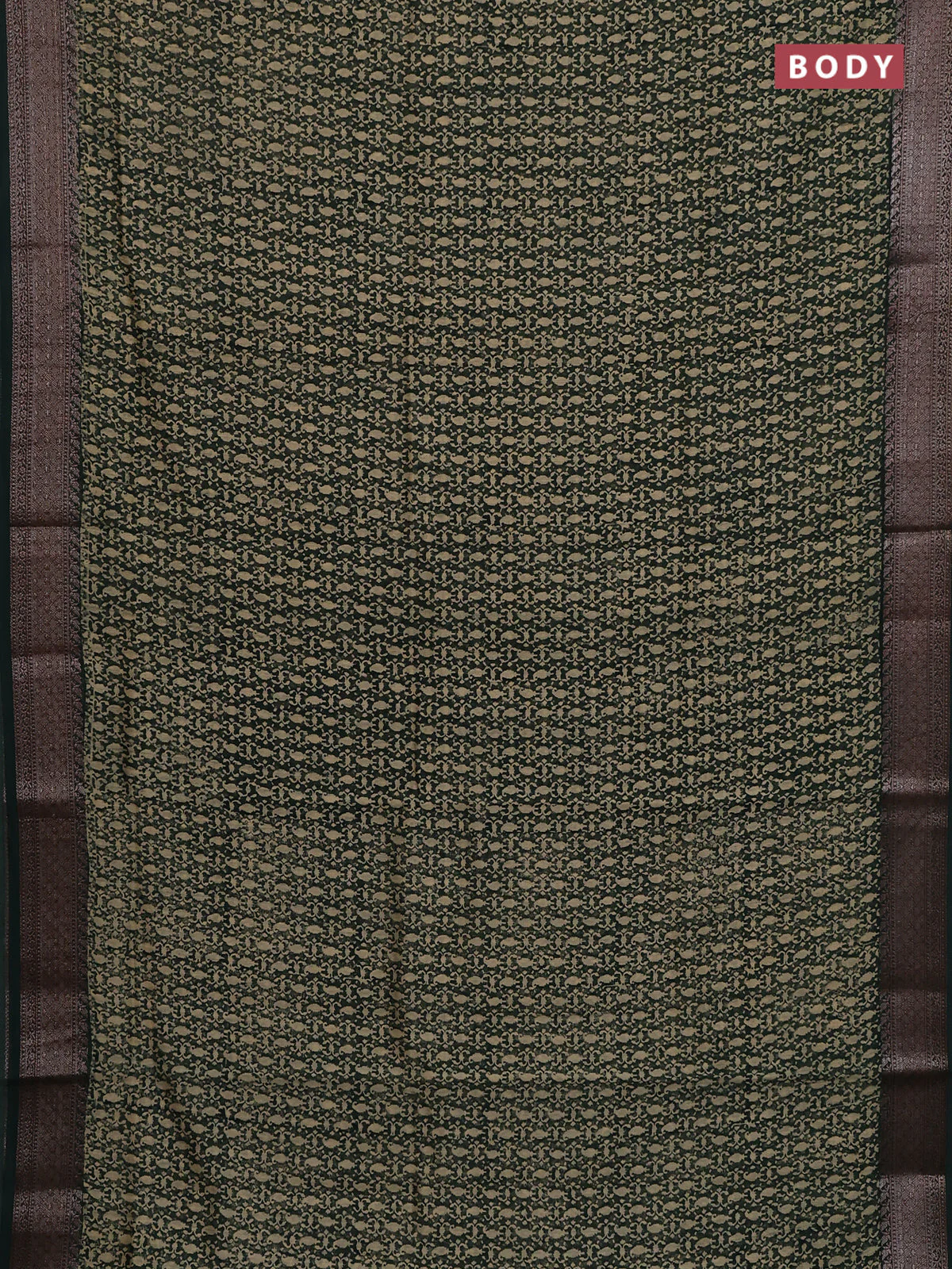 Chanderi silk cotton saree bottle green with allover prints and banarasi style border - Image 2
