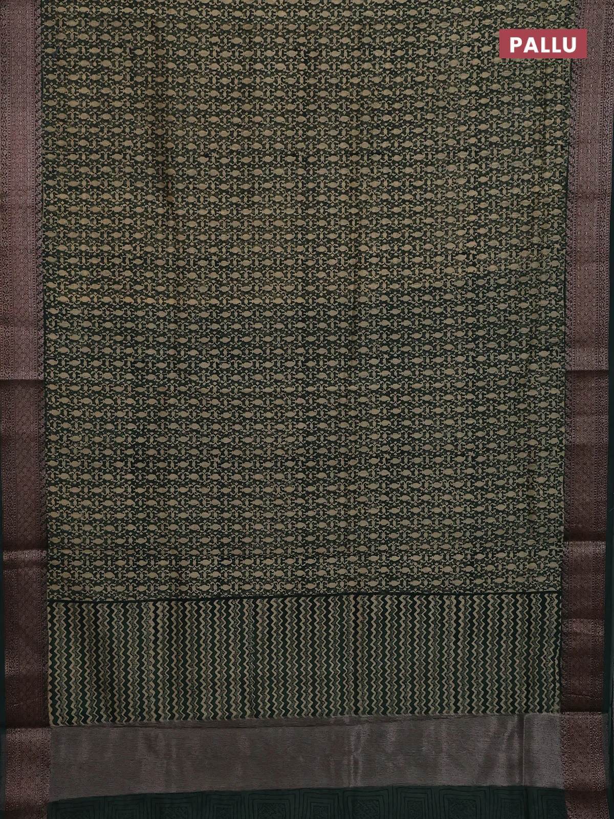 Chanderi silk cotton saree bottle green with allover prints and banarasi style border - Image 3