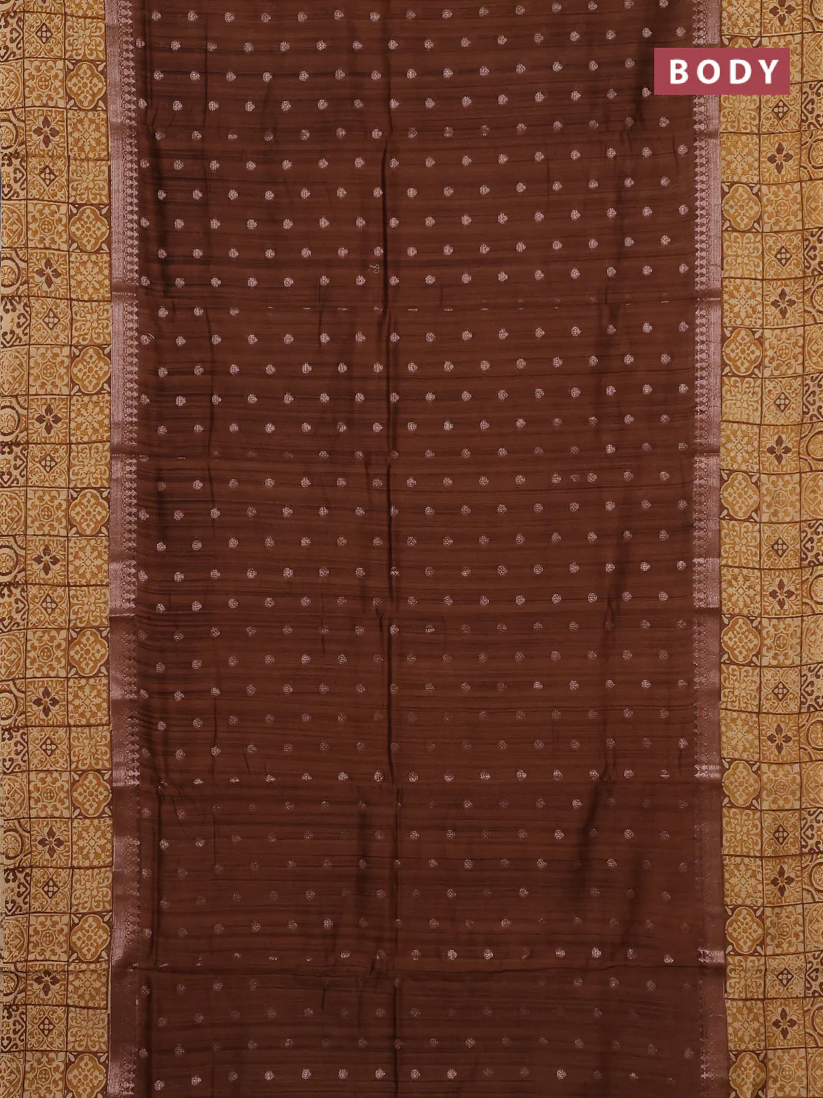 Chanderi silk cotton saree brown and beige with allover zari buttas and printed border - Image 2