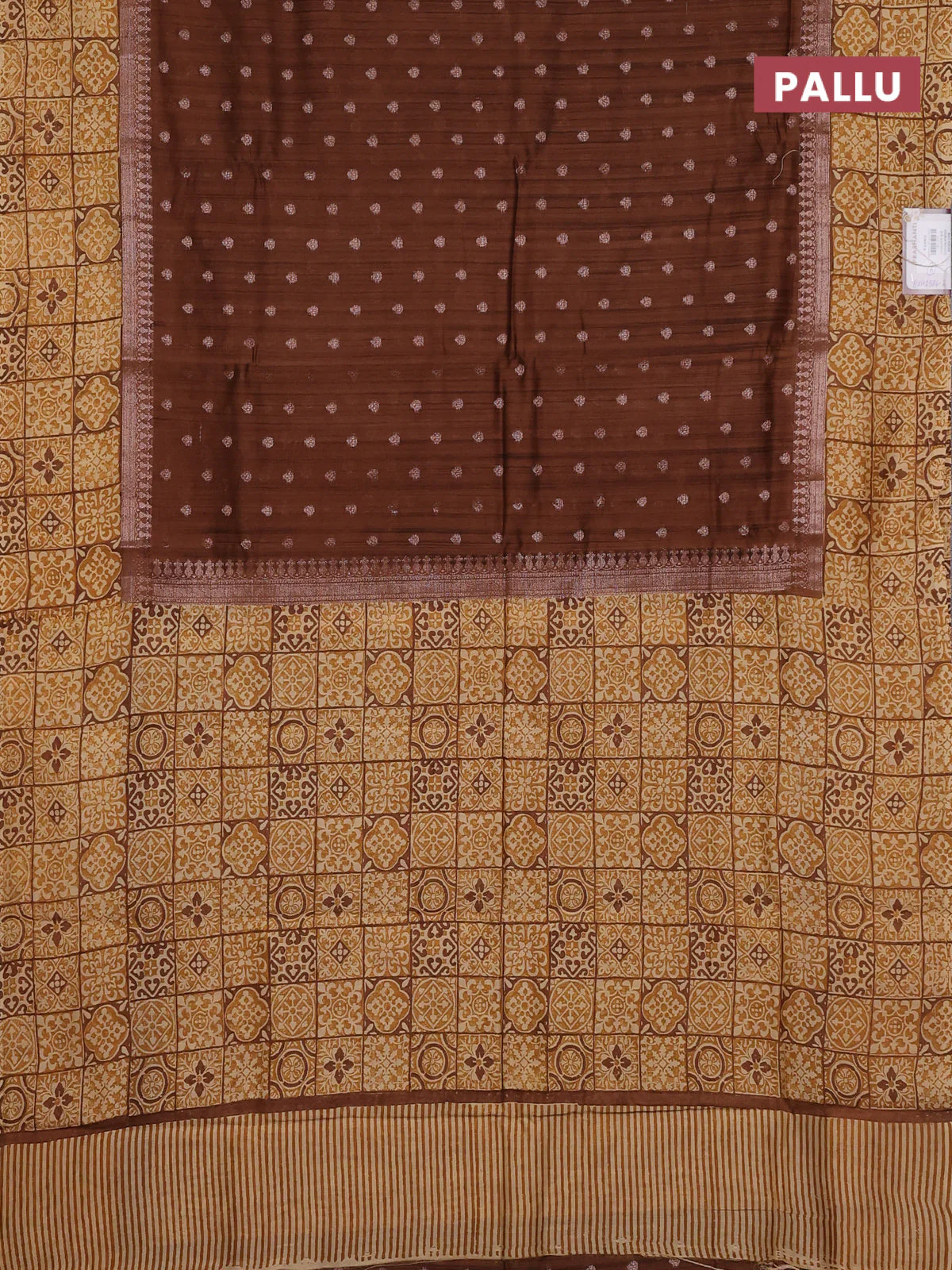 Chanderi silk cotton saree brown and beige with allover zari buttas and printed border - Image 3