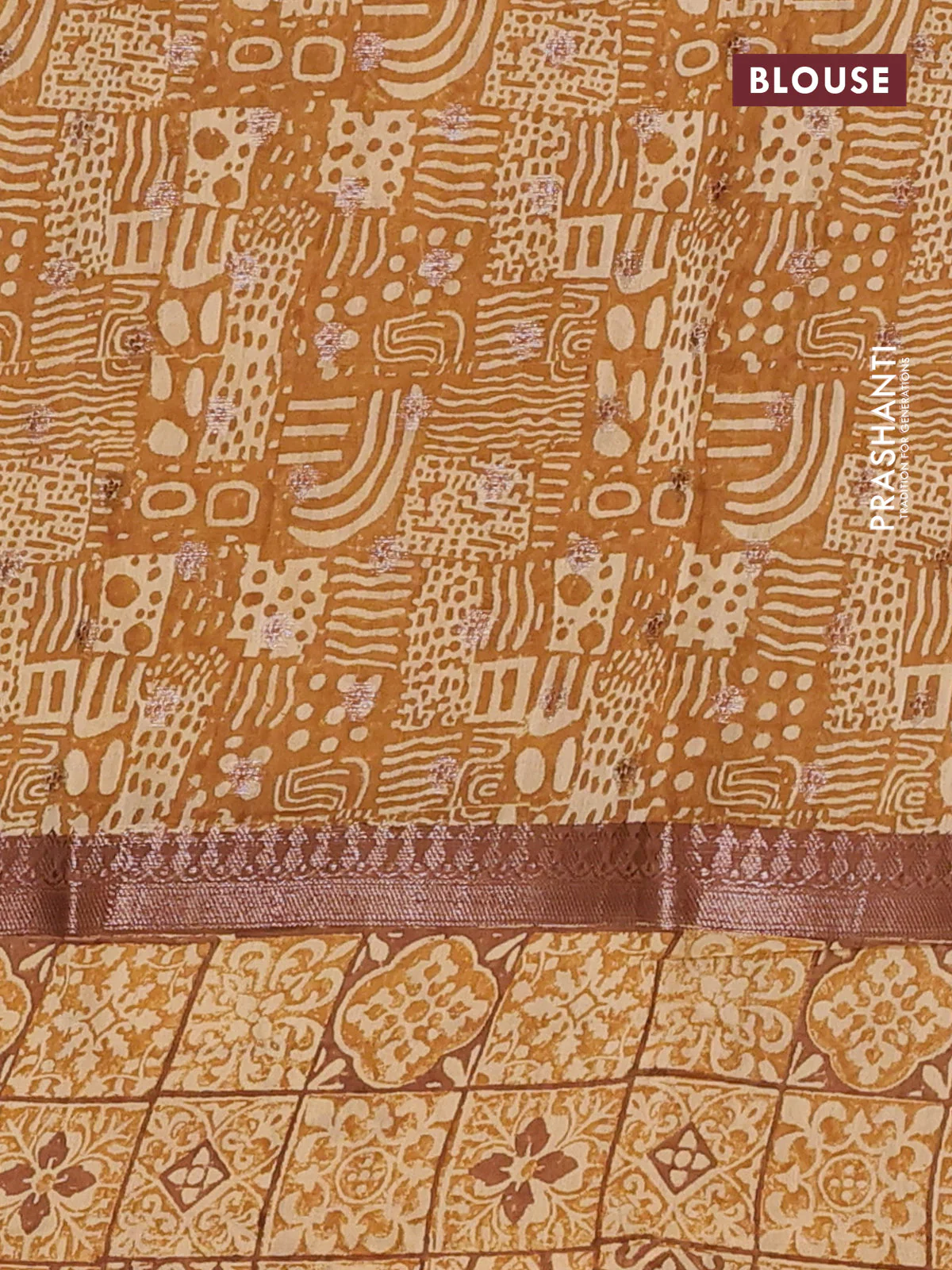 Chanderi silk cotton saree brown and beige with allover zari buttas and printed border - Image 4