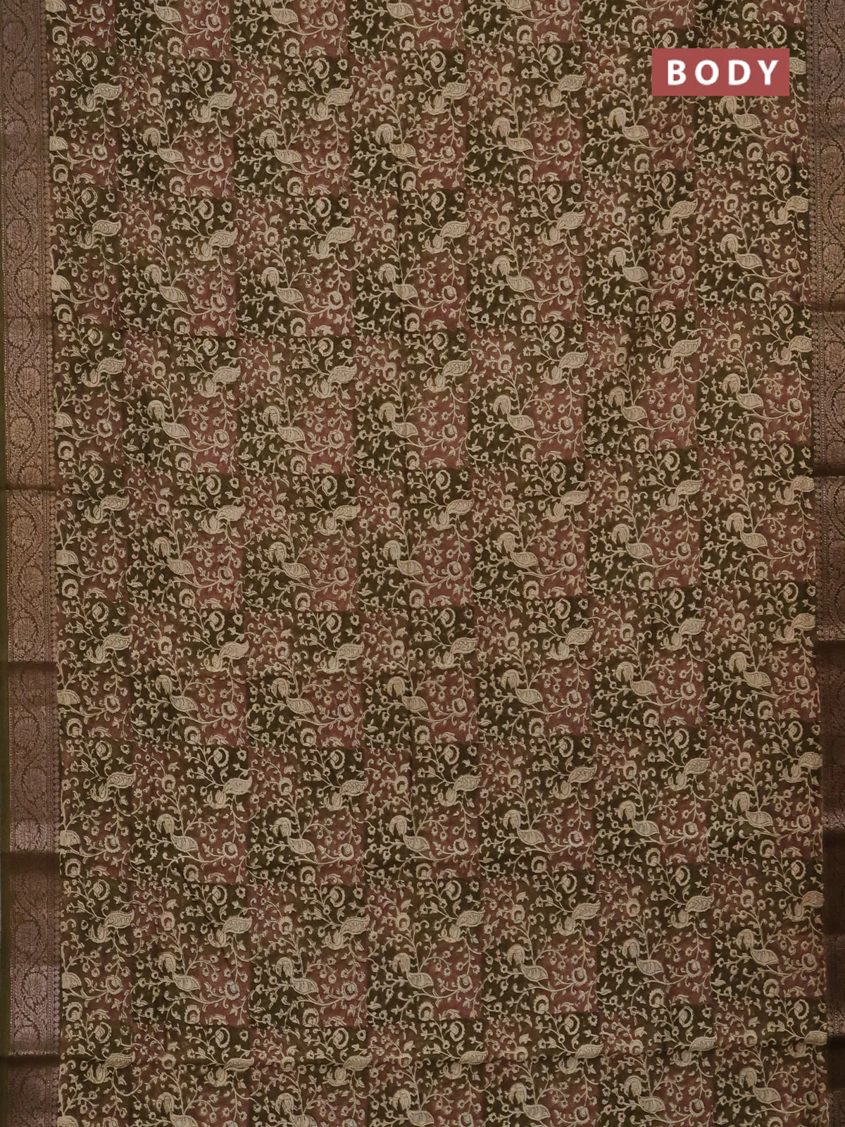 Chanderi silk cotton saree brown and mehendi green with allover kalamkari prints and banarasi style border - Image 2