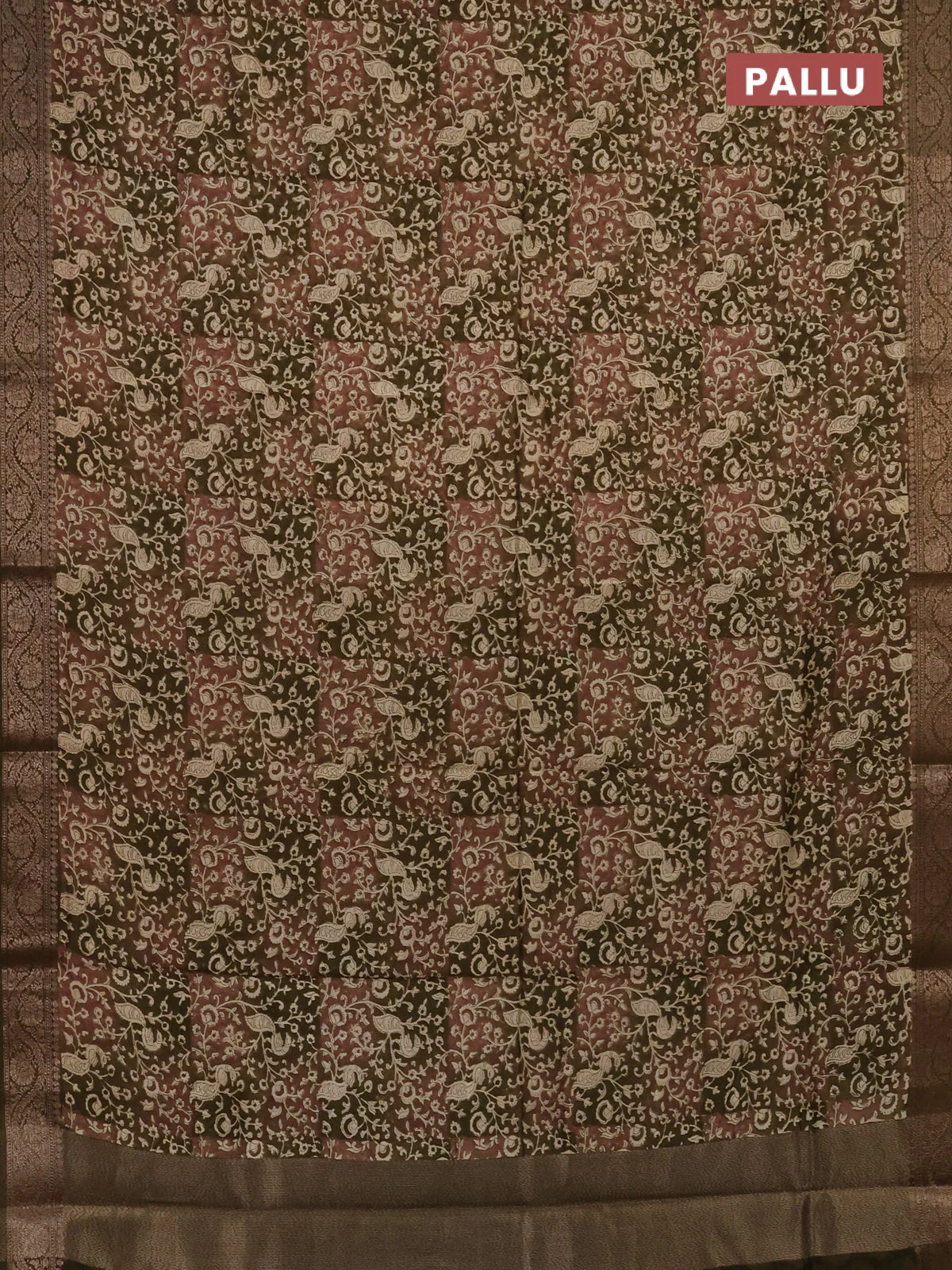 Chanderi silk cotton saree brown and mehendi green with allover kalamkari prints and banarasi style border - Image 3