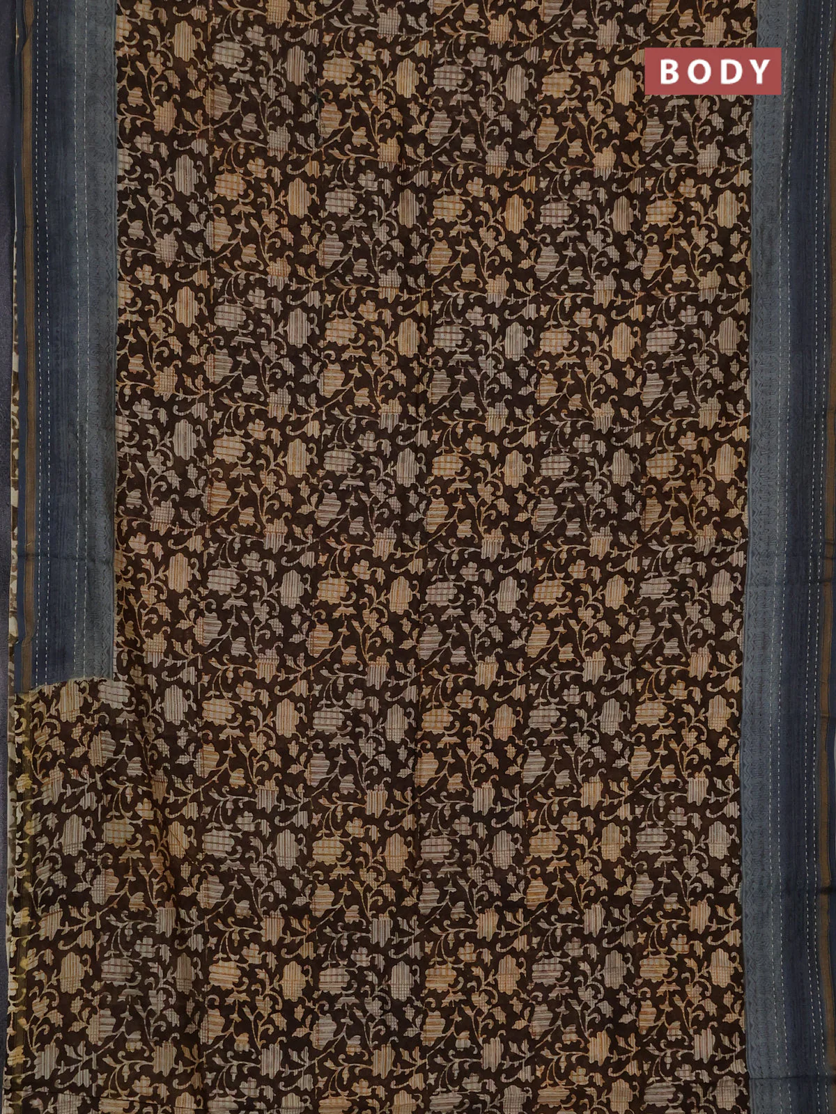 Chanderi silk cotton saree coffee brown and grey with allover prints and kantha stich work border - Image 2