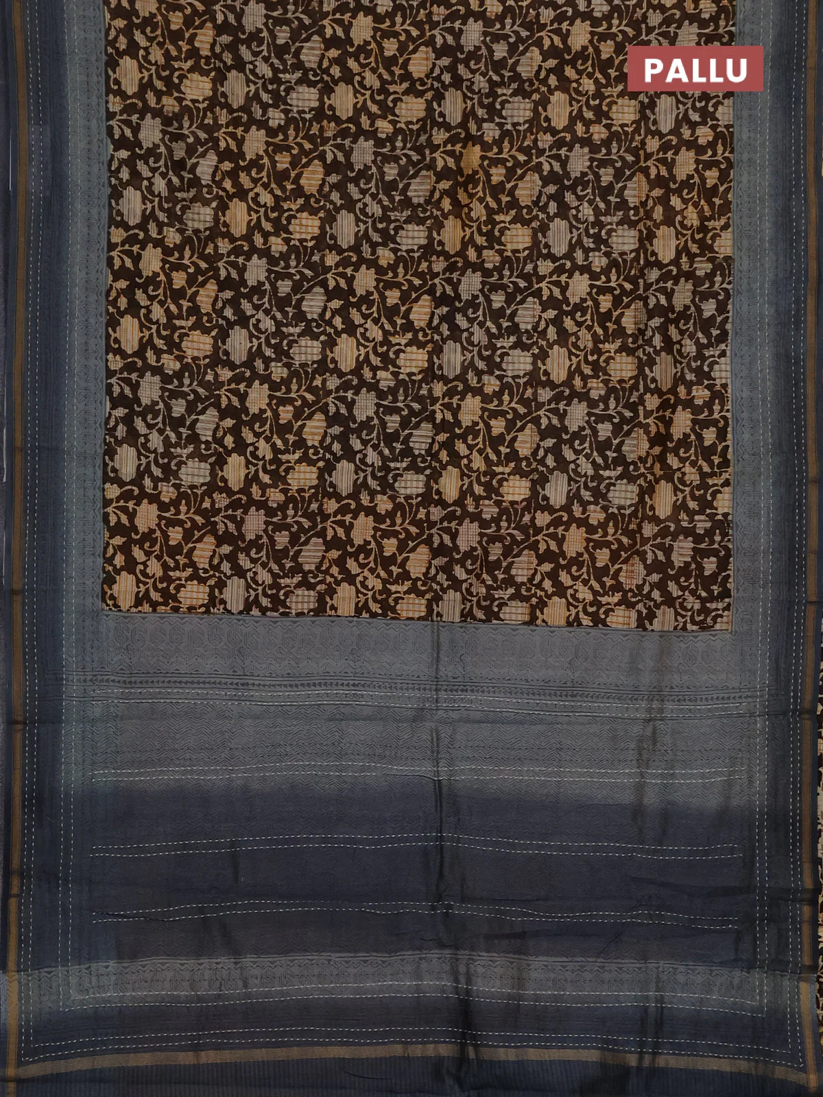 Chanderi silk cotton saree coffee brown and grey with allover prints and kantha stich work border - Image 3