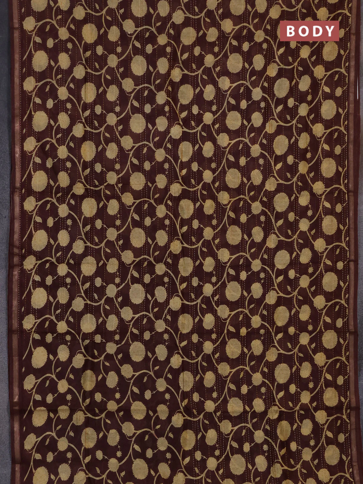 Chanderi silk cotton saree coffee brown with allover kantha stich work and zari woven border - Image 2