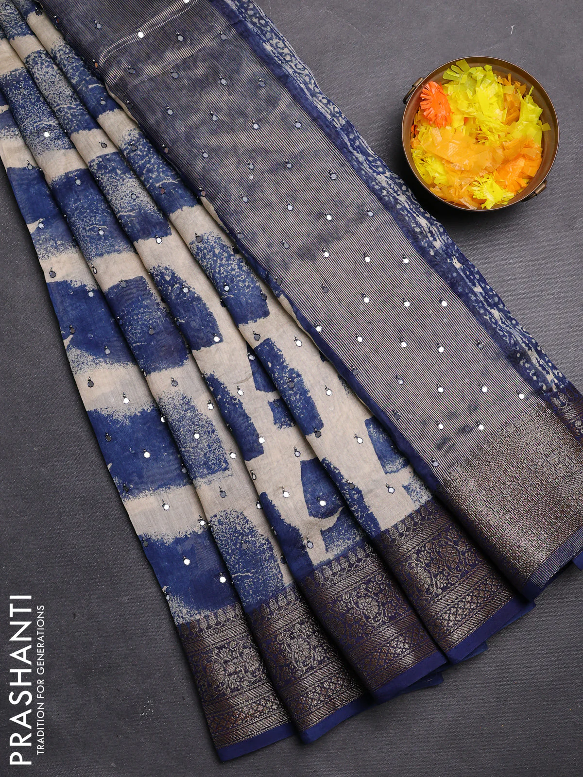 Chanderi silk cotton saree cream and blue with allover geometric prints & mirror work and zari woven border