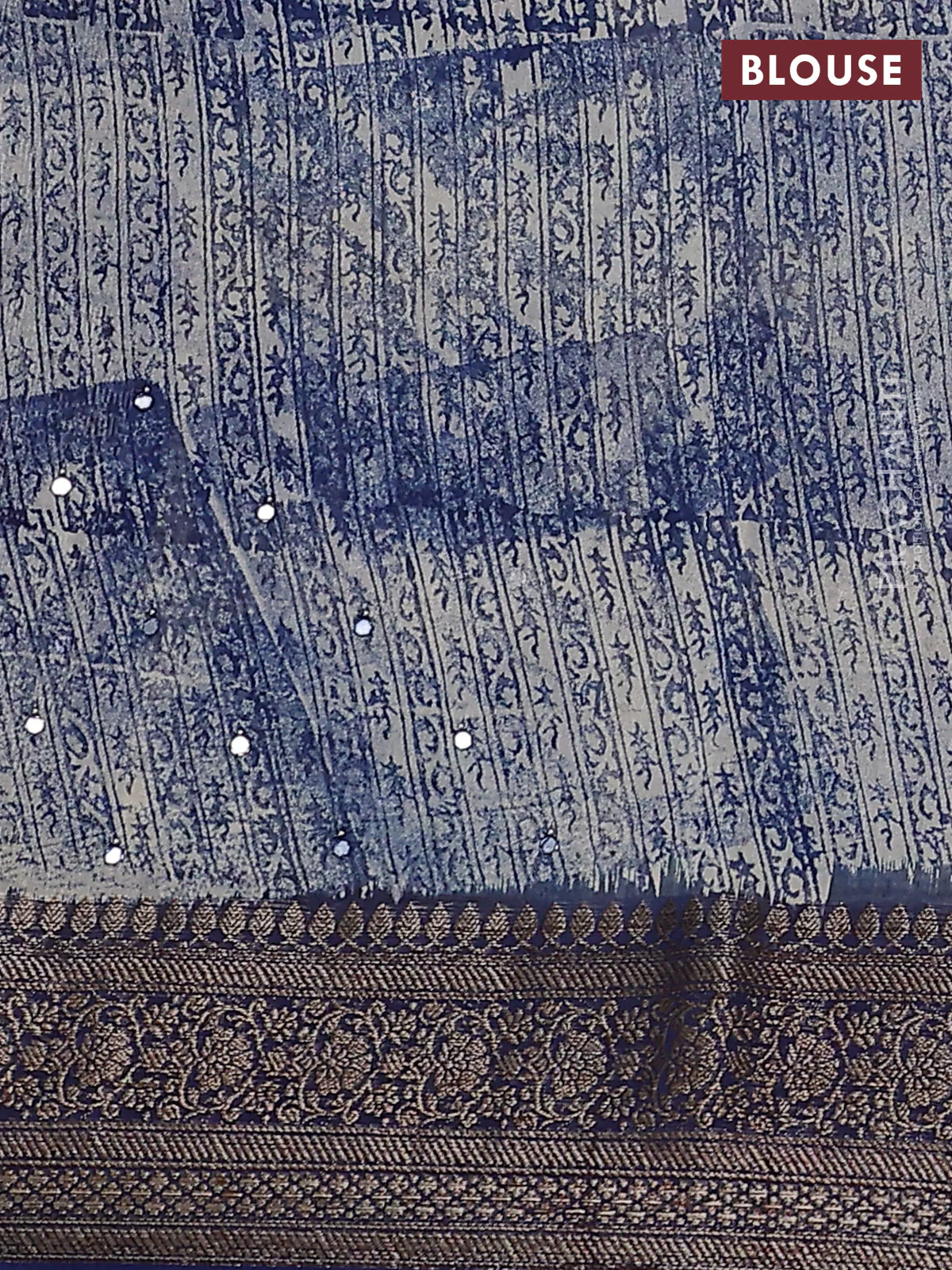 Chanderi silk cotton saree cream and blue with allover geometric prints & mirror work and zari woven border - Image 3