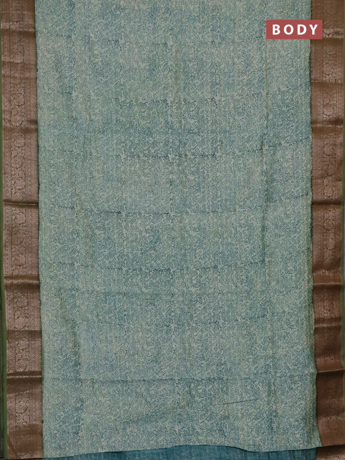 Chanderi silk cotton saree cream teal green and mehendi green with allover prints and banarasi style border - Image 2