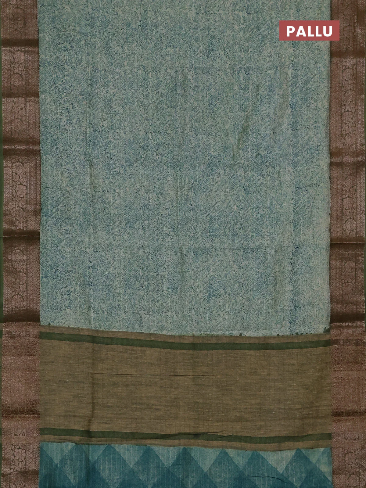 Chanderi silk cotton saree cream teal green and mehendi green with allover prints and banarasi style border - Image 3