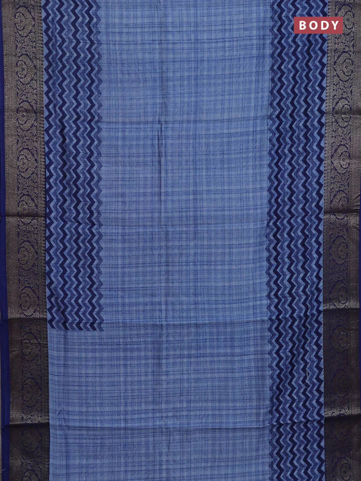 Chanderi silk cotton saree cs blue with allover zig zag prints and banarasi style border - Image 2
