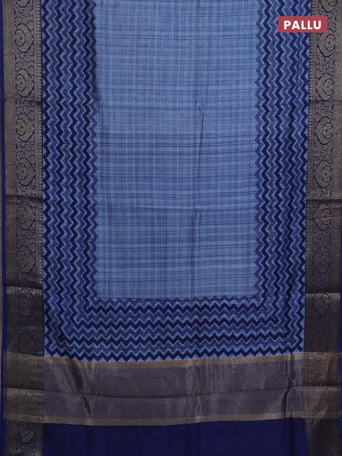 Chanderi silk cotton saree cs blue with allover zig zag prints and banarasi style border - Image 3