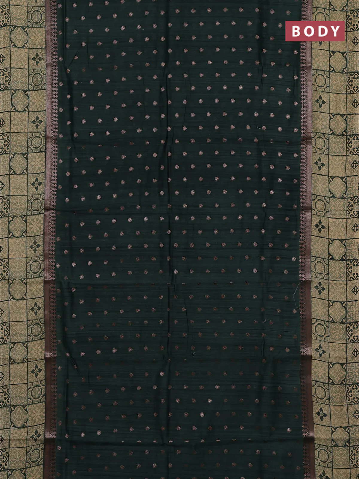 Chanderi silk cotton saree dark green and beige with allover zari buttas and printed border - Image 2
