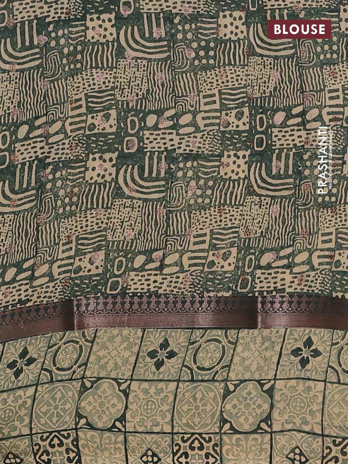 Chanderi silk cotton saree dark green and beige with allover zari buttas and printed border - Image 4