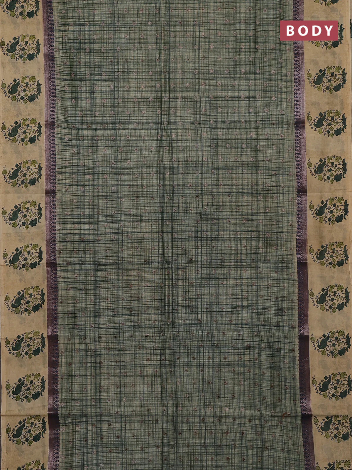 Chanderi silk cotton saree dark green and beige with allover zari buttas & prints and printed butta border - Image 2