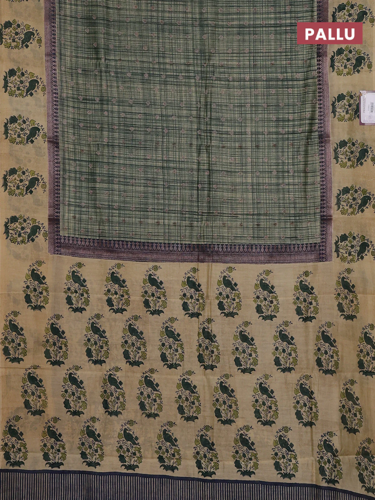 Chanderi silk cotton saree dark green and beige with allover zari buttas & prints and printed butta border - Image 3