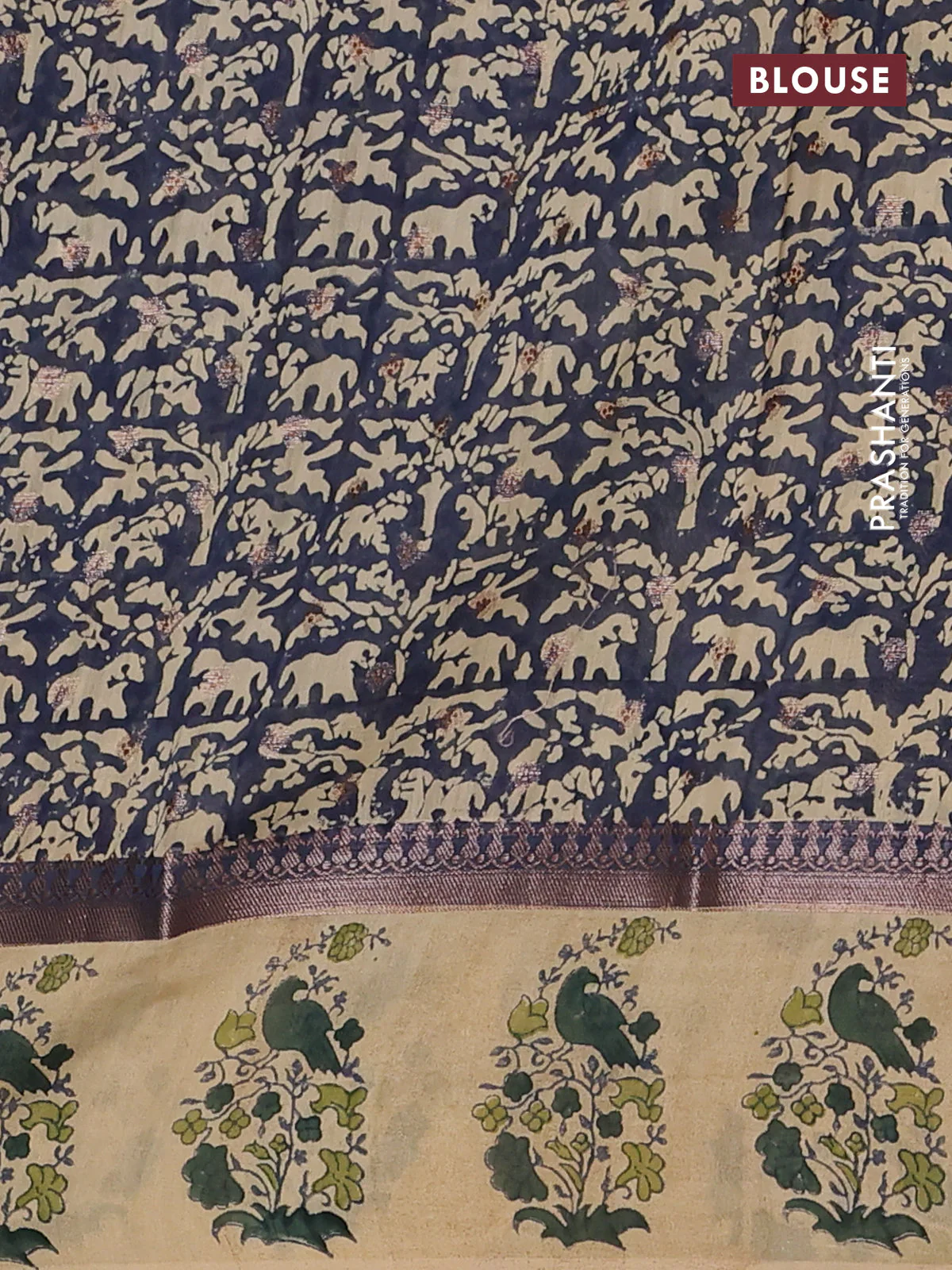 Chanderi silk cotton saree dark green and beige with allover zari buttas & prints and printed butta border - Image 4
