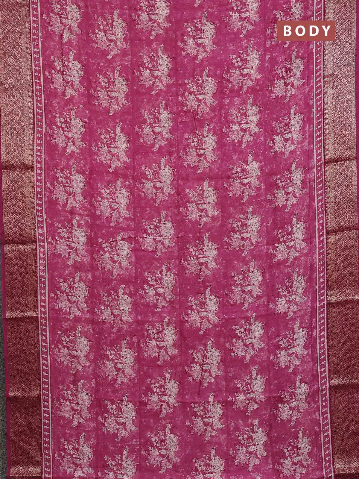 Chanderi silk cotton saree dark magenta pink with allover prints and banarasi style border - Image 2
