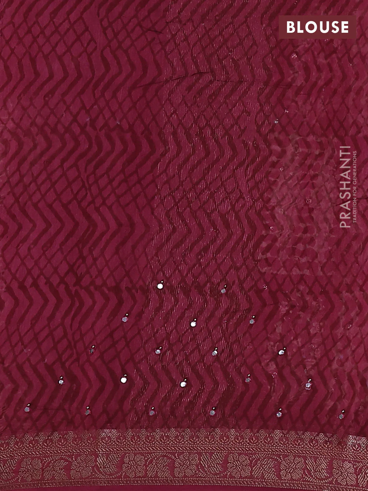 Chanderi silk cotton saree dark magenta pink with allover prints & mirror work and zari woven border - Image 3