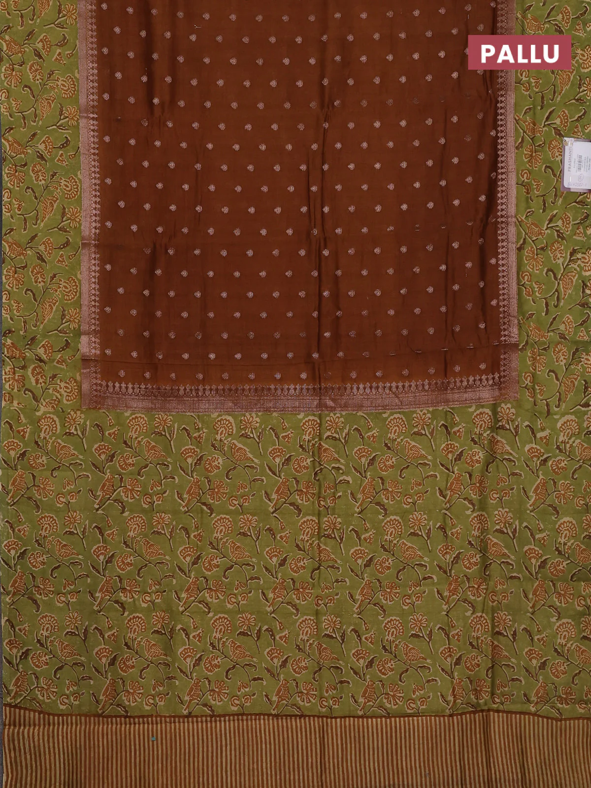 Chanderi silk cotton saree dark mustard and green with allover zari buttas and printed border - Image 3