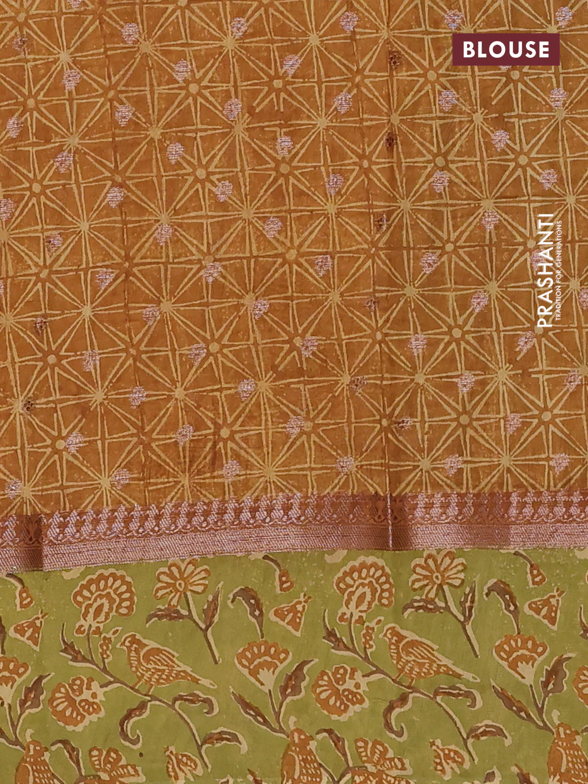 Chanderi silk cotton saree dark mustard and green with allover zari buttas and printed border - Image 4