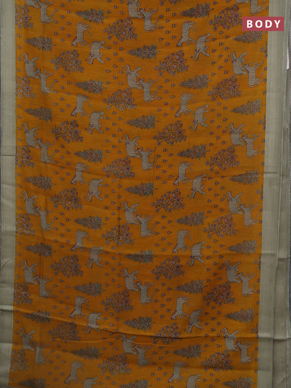 Chanderi silk cotton saree dark mustard and grey shade with allover prints and woven border - Image 2