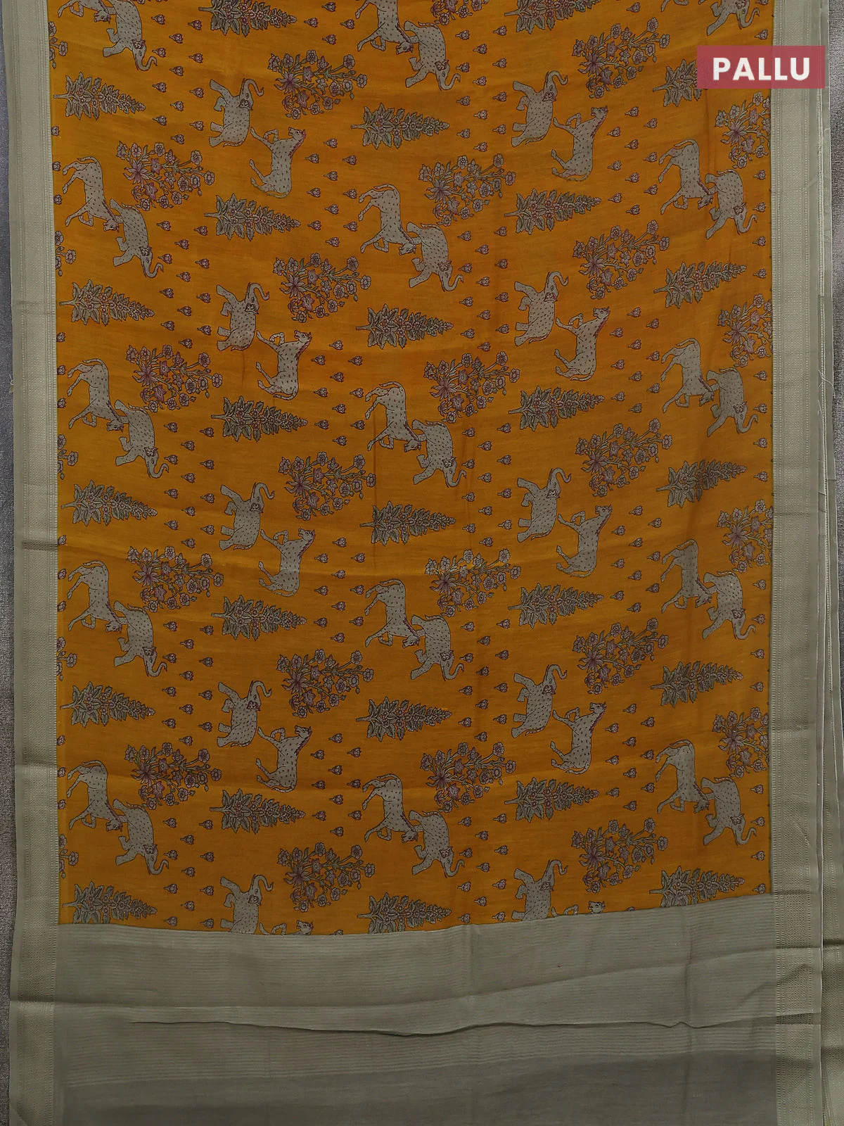 Chanderi silk cotton saree dark mustard and grey shade with allover prints and woven border - Image 3