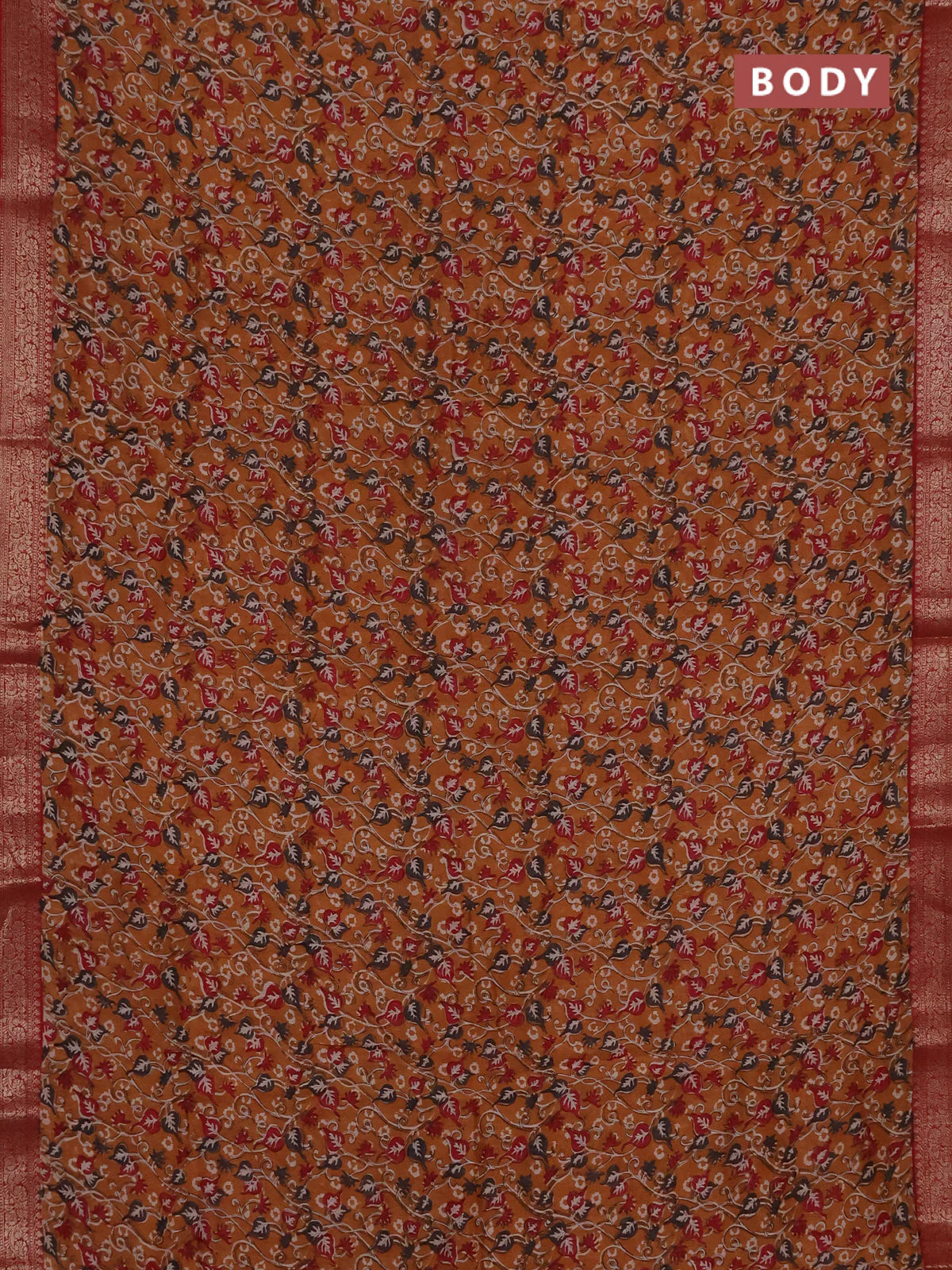 Chanderi silk cotton saree dark mustard and kumkum red with allover prints and banarasi style border - Image 2