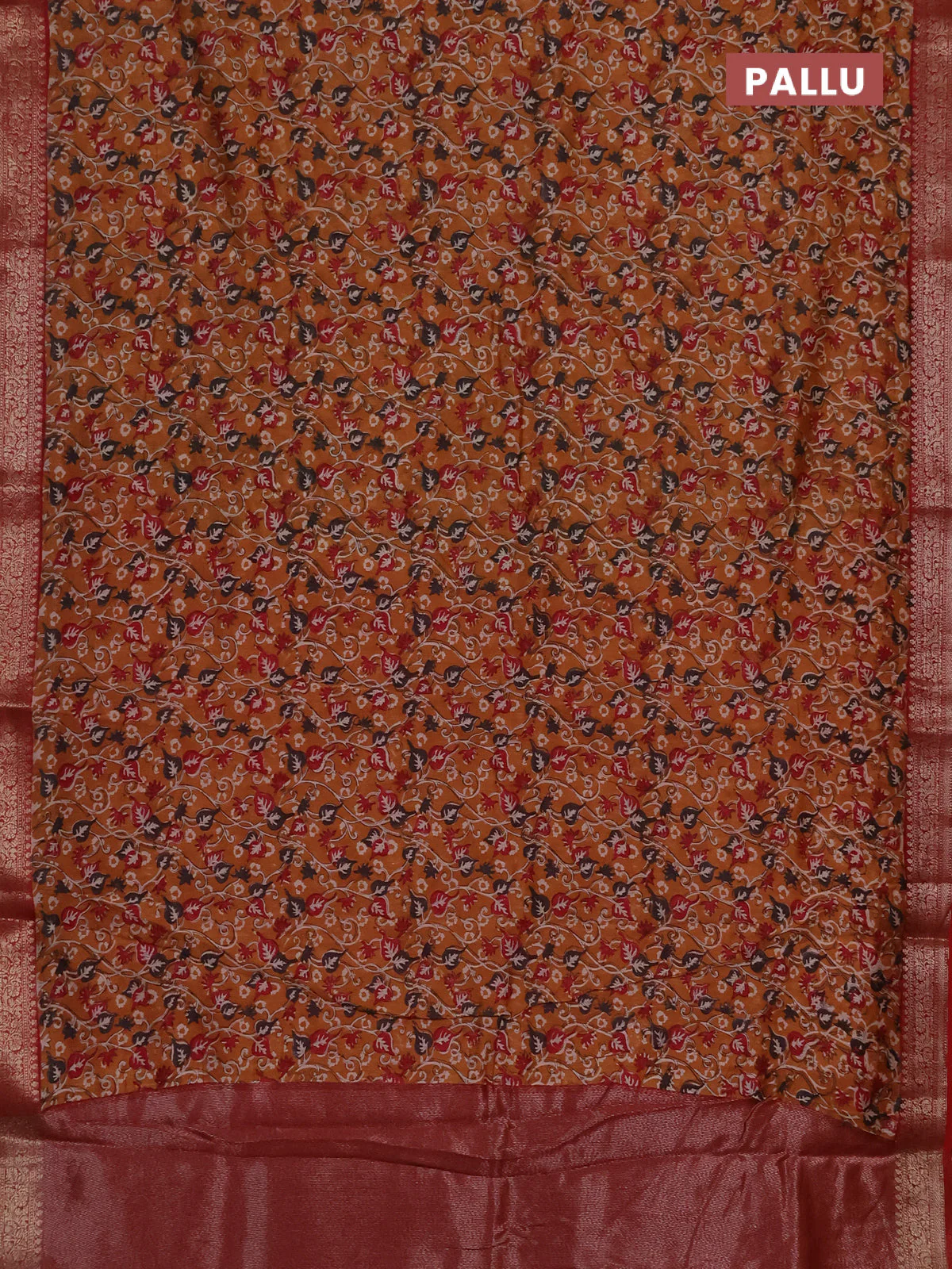 Chanderi silk cotton saree dark mustard and kumkum red with allover prints and banarasi style border - Image 3