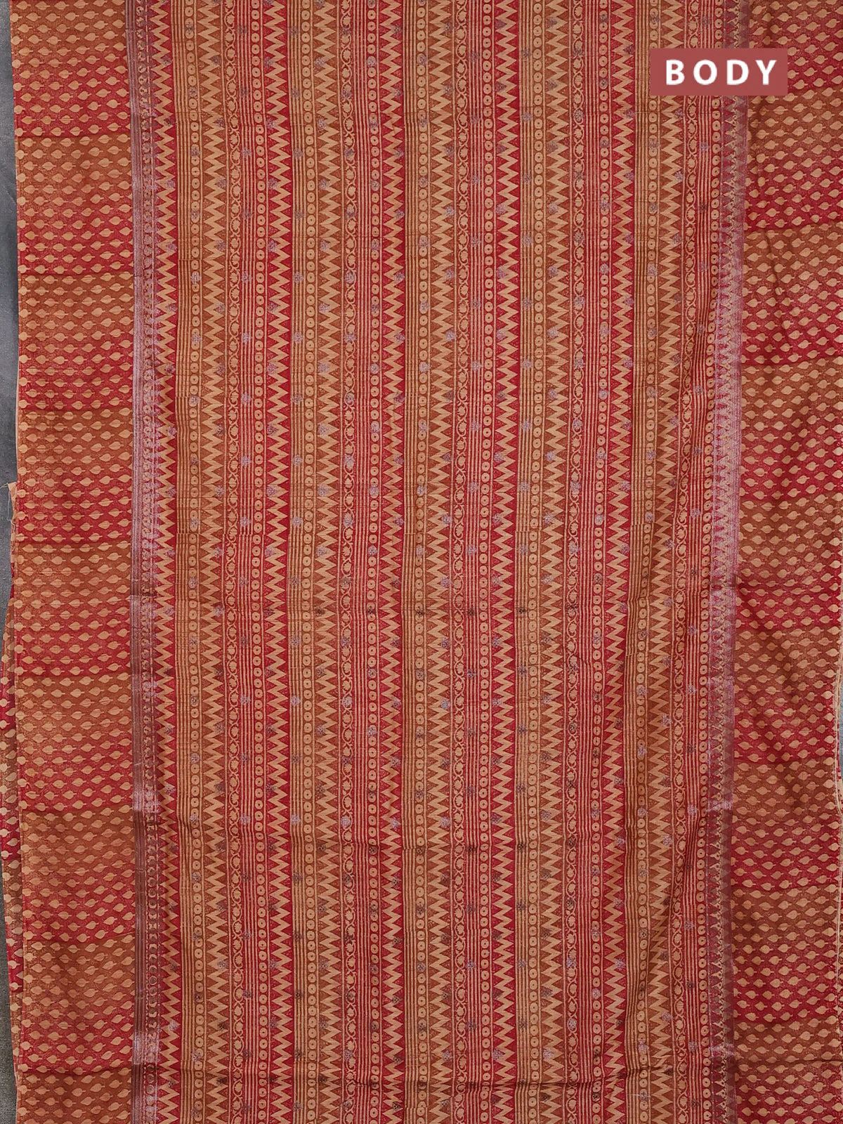 Chanderi silk cotton saree dark mustard and maroon with allover prints & woven buttas and banarasi style border - Image 2