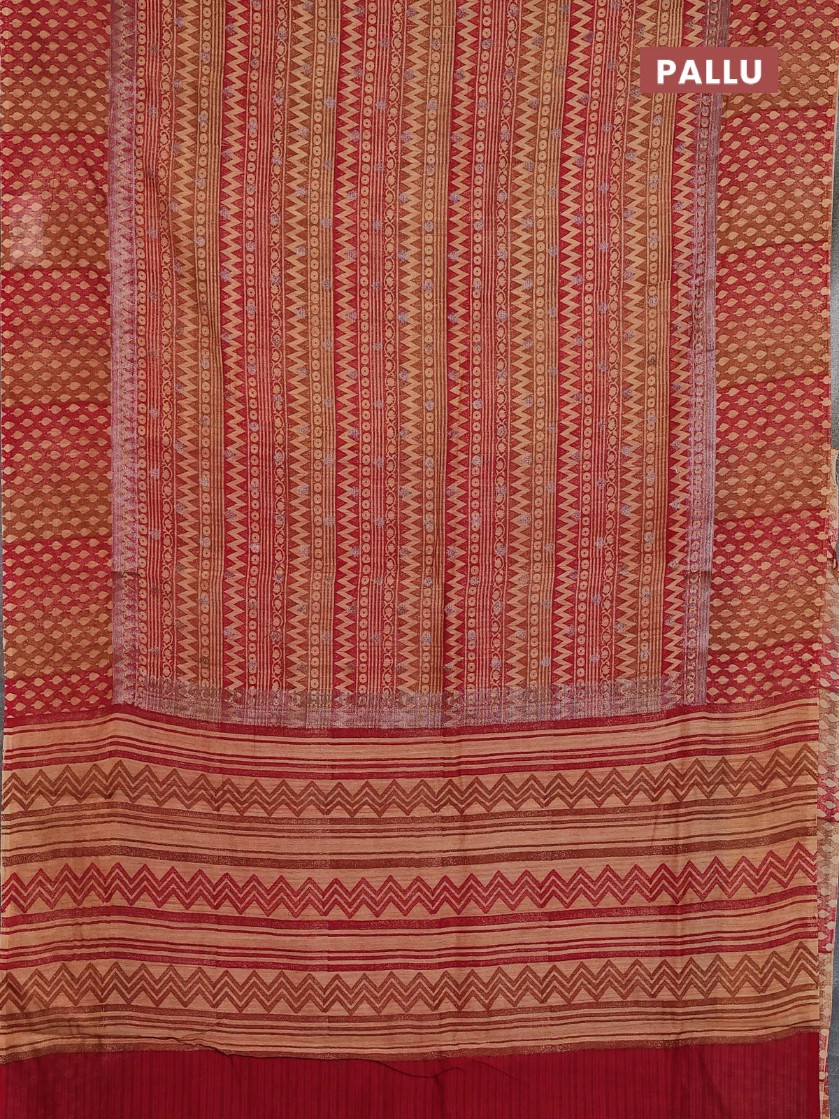 Chanderi silk cotton saree dark mustard and maroon with allover prints & woven buttas and banarasi style border - Image 3
