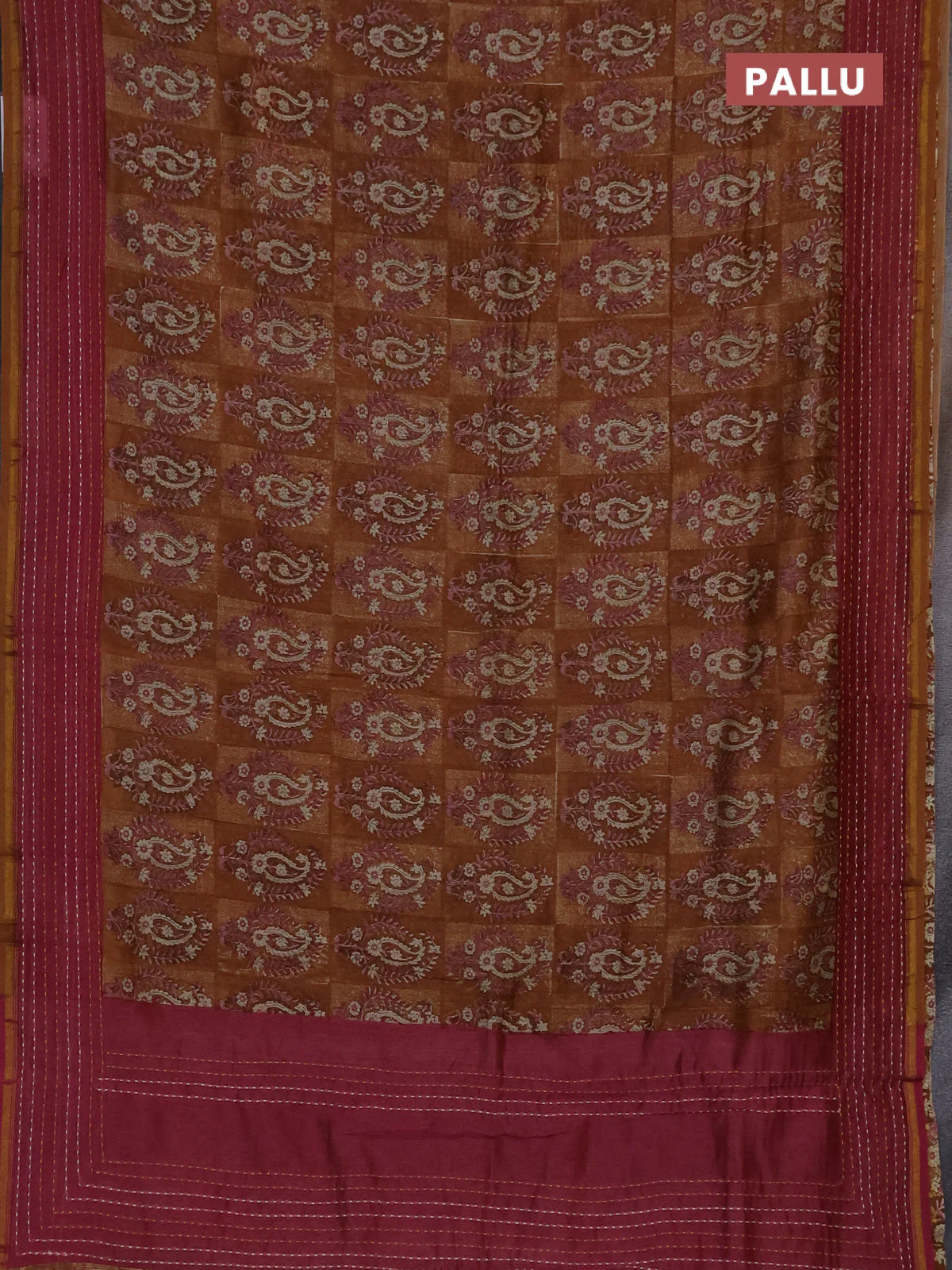 Chanderi silk cotton saree dark mustard and mauve pink with allover prints and kantha stich work border - Image 3