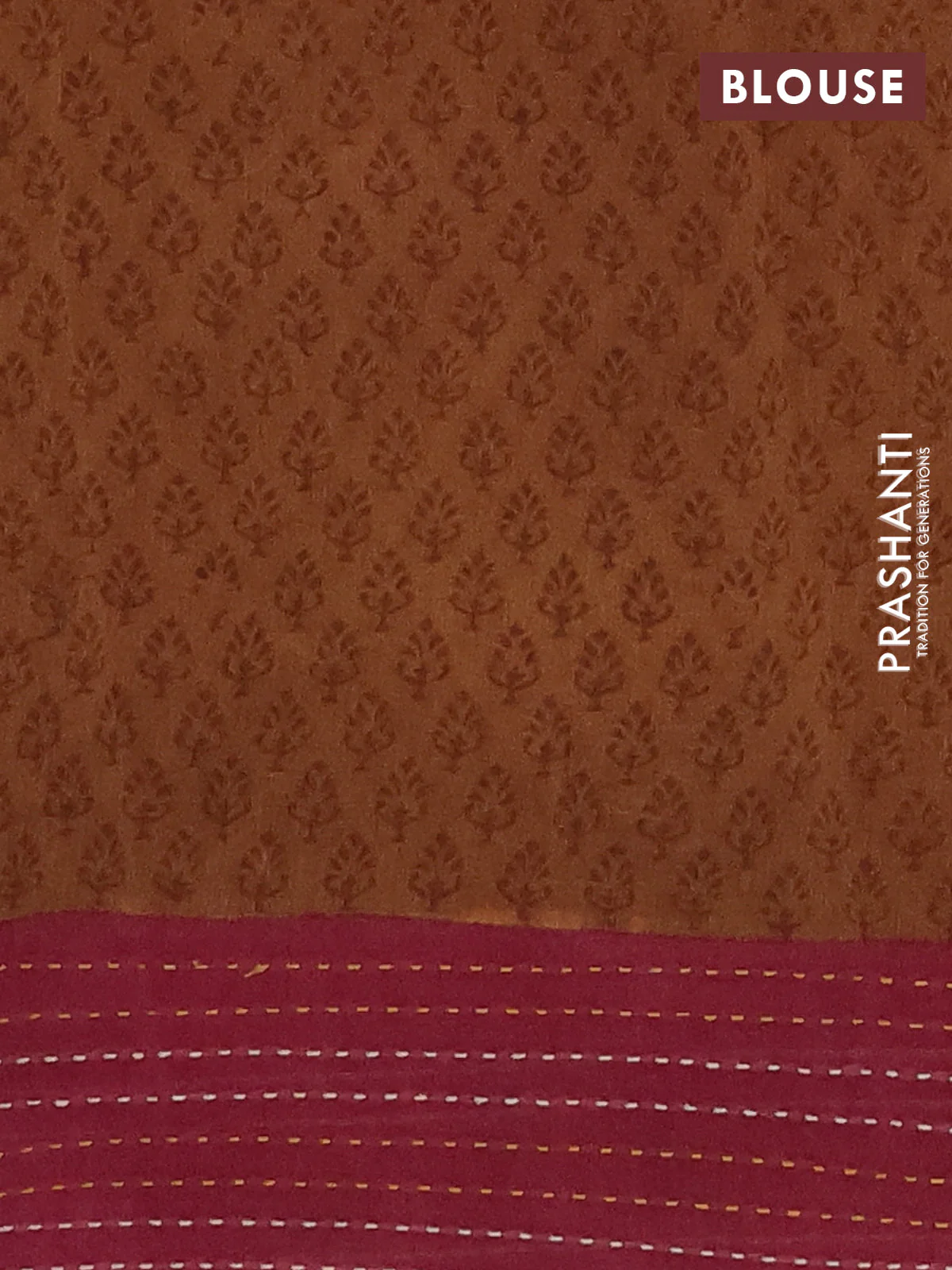 Chanderi silk cotton saree dark mustard and mauve pink with allover prints and kantha stich work border - Image 4