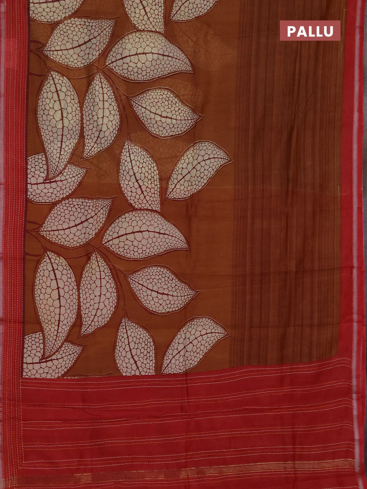 Chanderi silk cotton saree dark mustard and pink with allover prints and kantha stich work border - Image 3