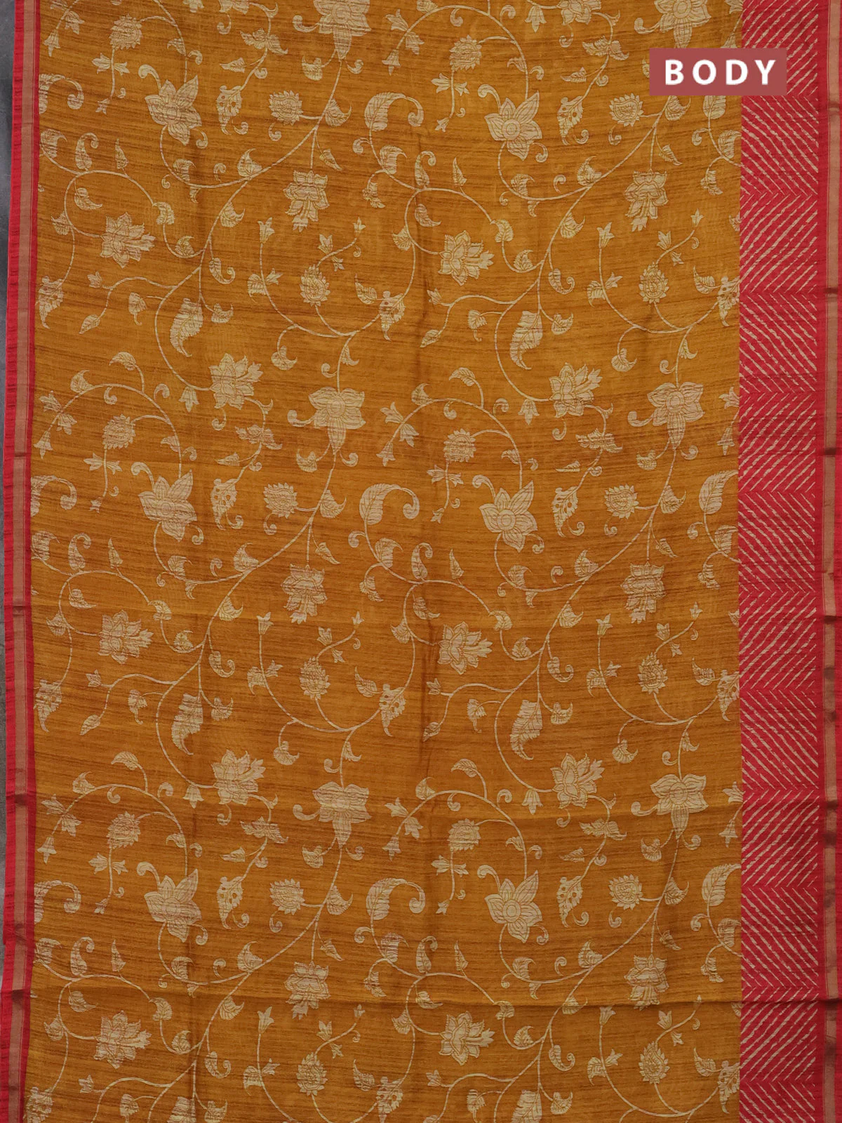 Chanderi silk cotton saree dark mustard and red shade with allover kalamkari prints and printed zari border - Image 2