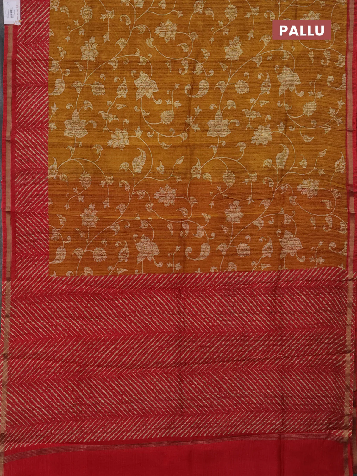 Chanderi silk cotton saree dark mustard and red shade with allover kalamkari prints and printed zari border - Image 3