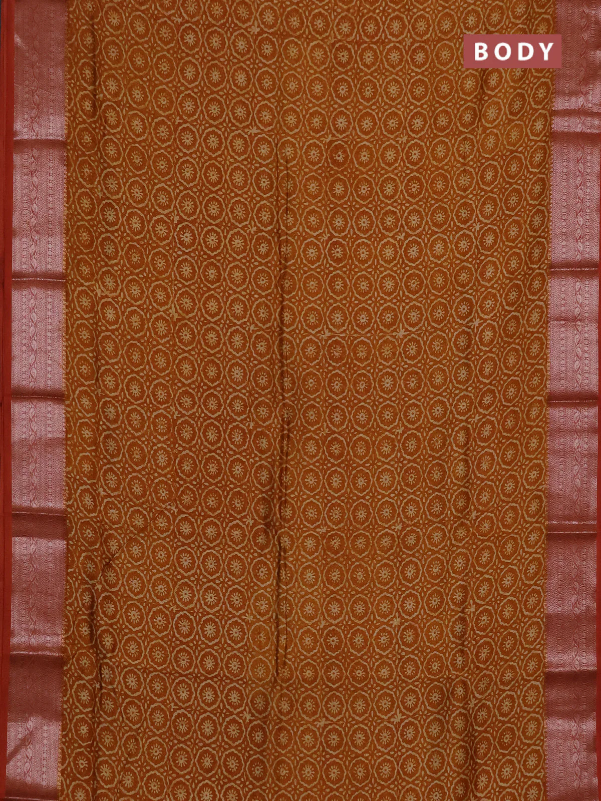 Chanderi silk cotton saree dark mustard and rust shade with allover prints and banarasi style border - Image 2