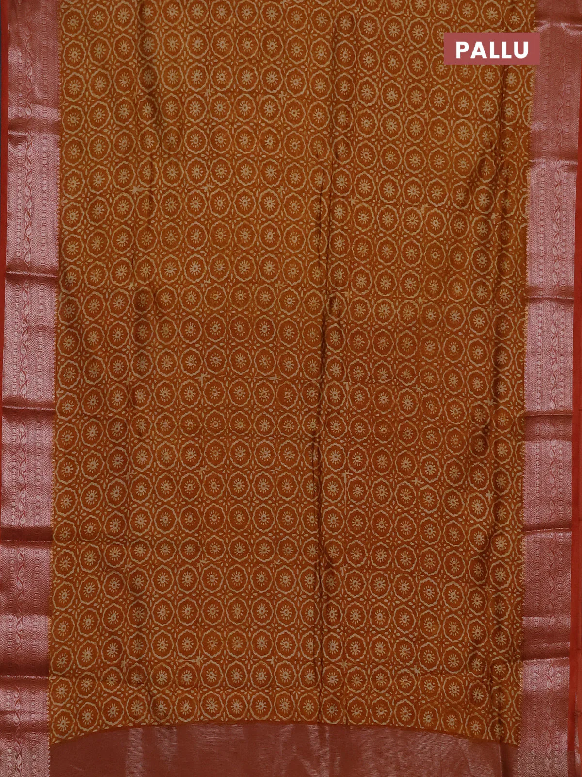 Chanderi silk cotton saree dark mustard and rust shade with allover prints and banarasi style border - Image 3